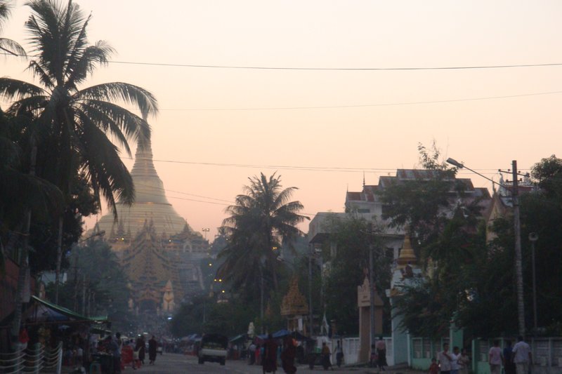 Shwedagon Paya at sunset from the taxi