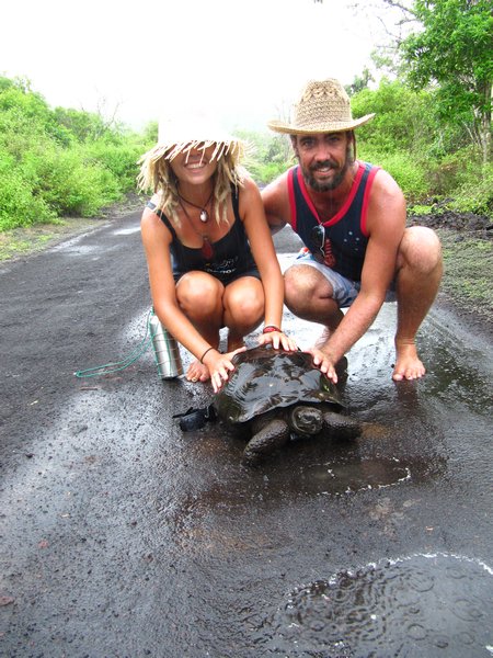Mick and Kate and a Tortoise in the rain