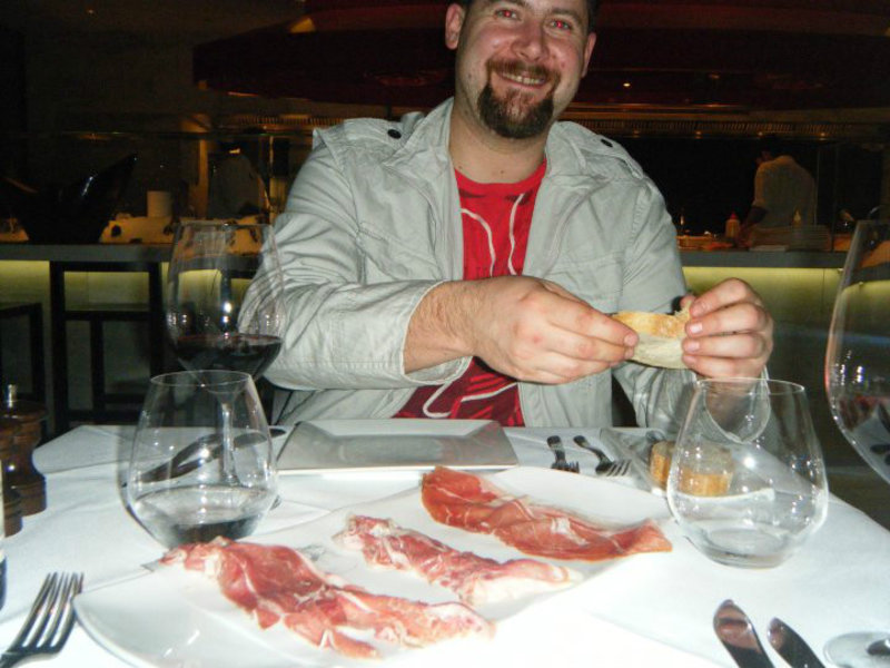eating jamon at seans kitchen in the casino