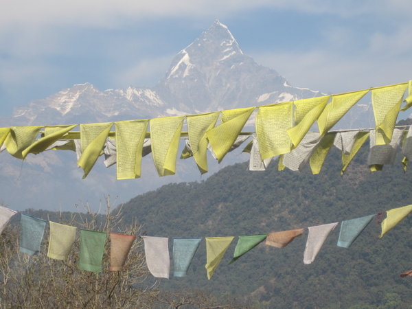 Quintessential Nepal: Prayer flags and Himalayas. Taken near Pokhara.