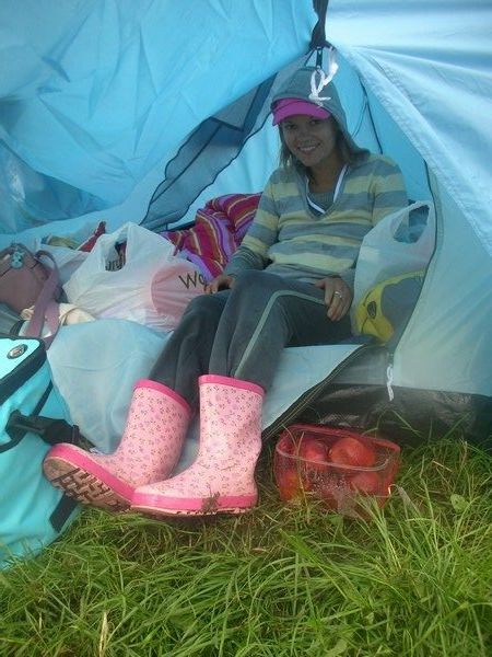 Chez in her wellies in our tent