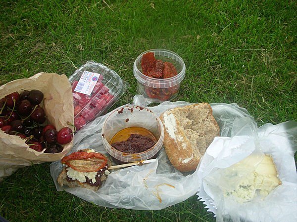 Picnic in the Park- Cherries, Bread, Sundried TOmatoes, Tapenade and Cheese. Saffron Walden, Engand