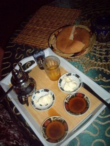 Breakfast- Bread, honey, cream and mint tea. Marrakech, Morocco