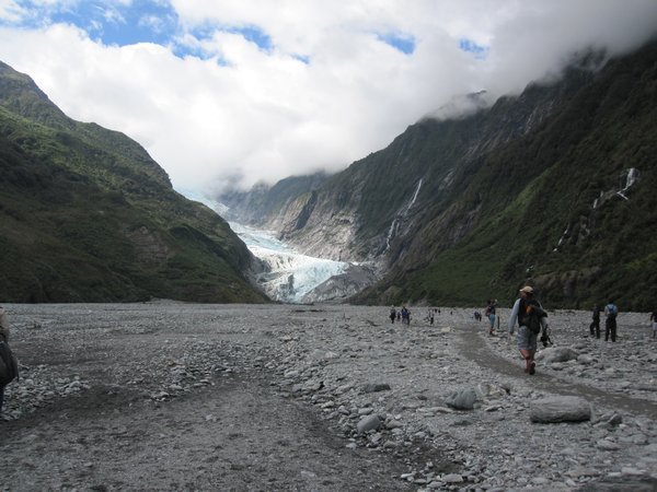 hiking up to the terminal face of the glacier