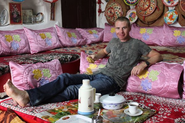 Matt enjoying breakfast at the guest-house in Harar, a traditional Adare House