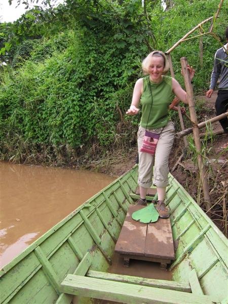 Liz trying not to rock the boat on the way to Dyen Sabai Restaurant  