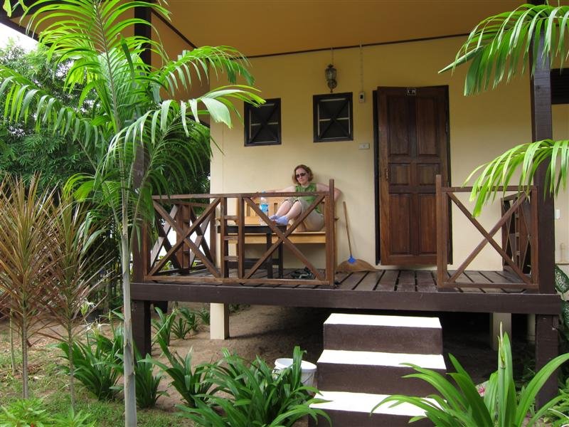 Liz relaxes by the hut
