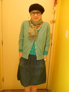 Blue Cashmere Cardie and Jean Skirt