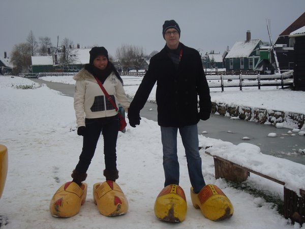 Big wooden shoes in the snow
