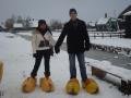 Big wooden shoes in the snow