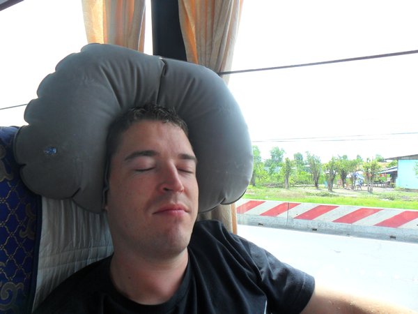 Chris didn't quite get the hang of how the travel pillow works