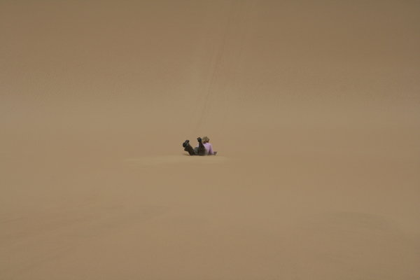 Pam cruising down the dunes on her sand board - check the dust!