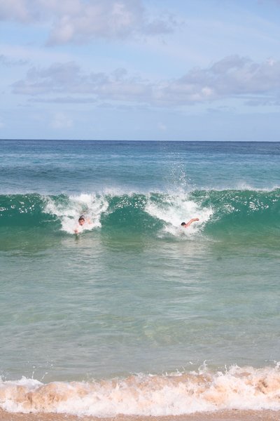 Billy and Duncan surfing the waves at Waimea.