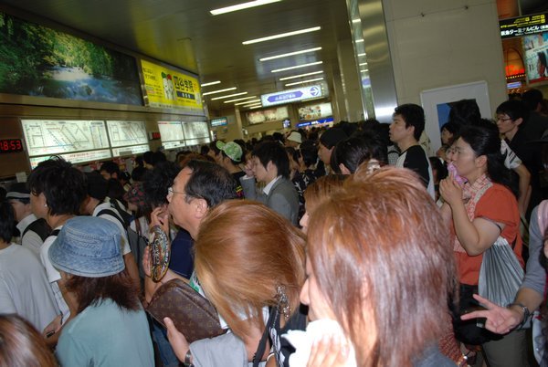 Line up for train tickets
