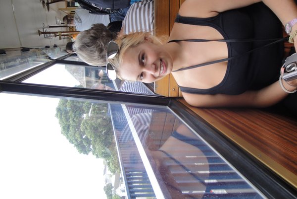 Emily on the cable car to the Botanical Gardens