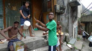 kids playing music on recyclables