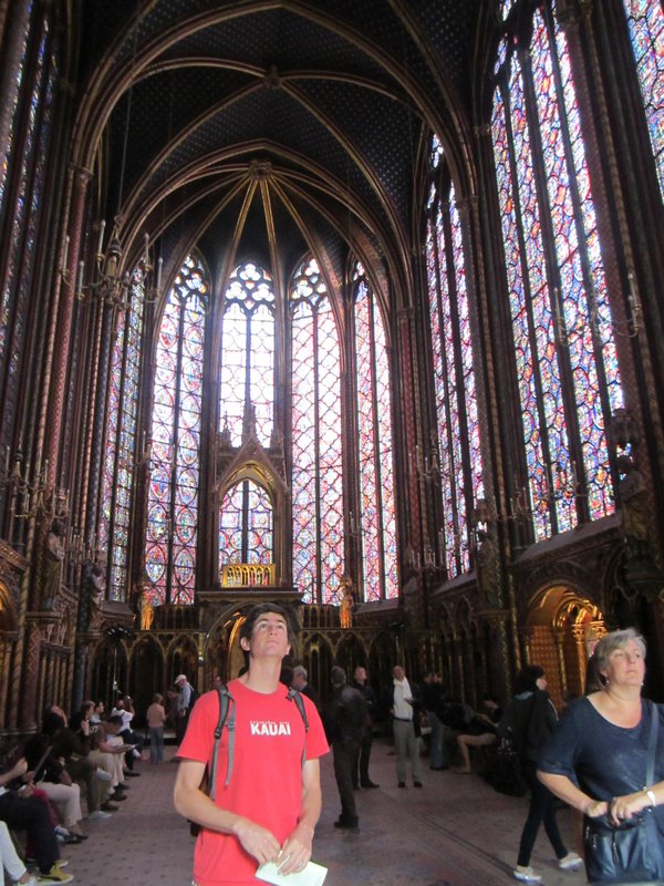 Michael in awe at the tall stained glass windows of Sainte-Chapelle