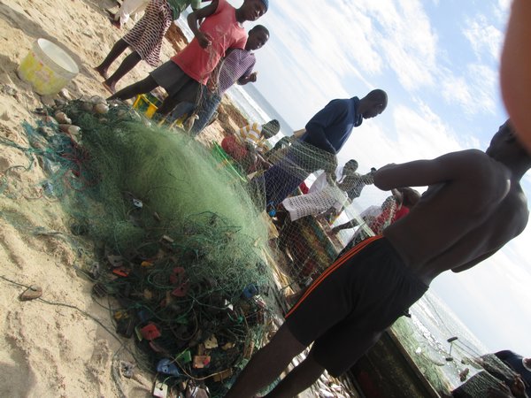 Fishermen unroll their daily catch