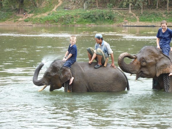 Her sprøjter elefanten vand på mit hoved mens jeg bader den
