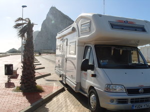 The van with Gibraltar in the background