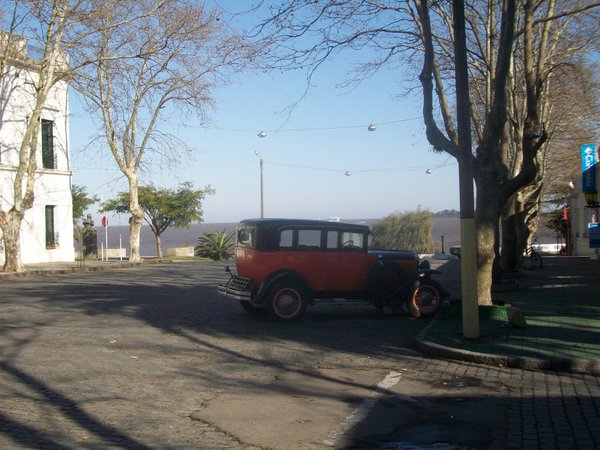One of the many vintage cars parked in the town
