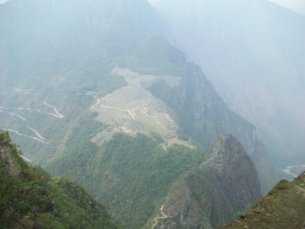 A misty view of Machu Picchu from Huayna Picchu