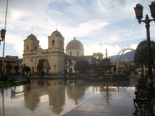 A wet Plaza de Armas in Huancayo