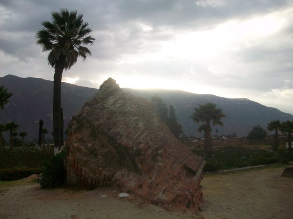 Remains of Yungay Cathedral and the one surviving palm tree