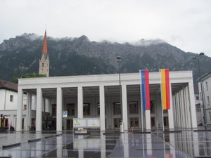 Arrival in Liechtenstein - a wet main square in Schaan