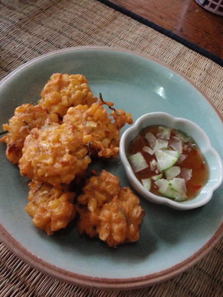 Thai corn cakes with kaffir lime leaves