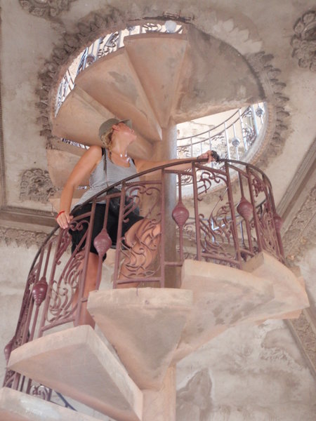 Climbing up the inside of the Vientiene 'Arc de Triomphe'