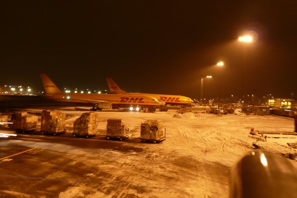 View of the competition from the top of our aircraft steps. Cargo apron at a very chilly Copenhagen.