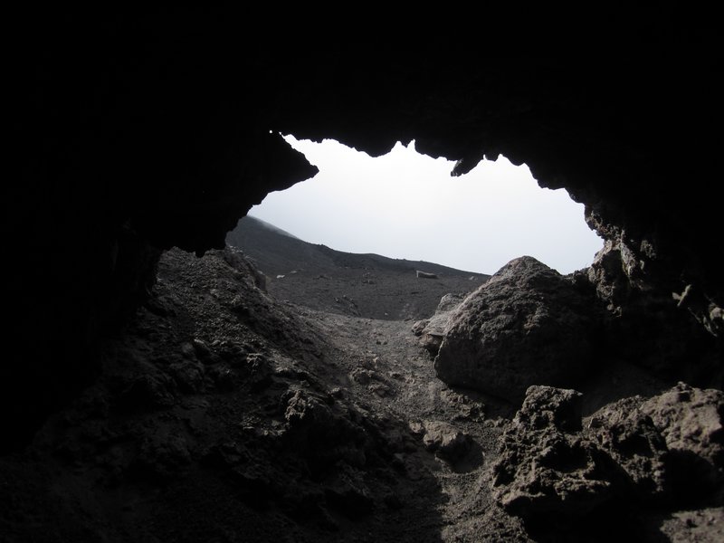 looking out from the cave in the volcano