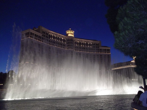 The Bellagio fountains at sunset