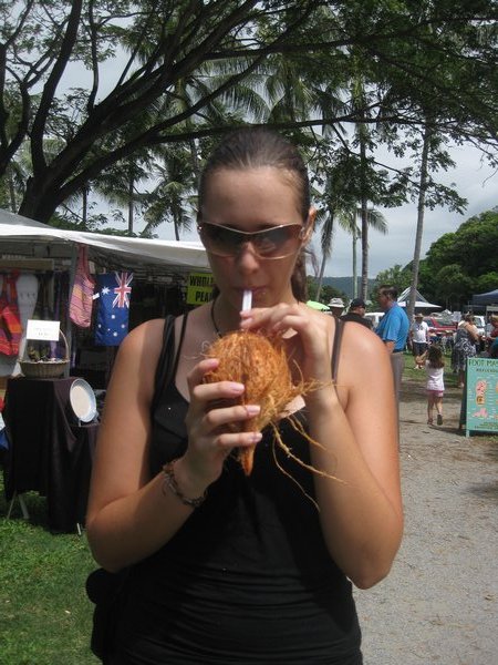 Sandra drinking fresh coconut