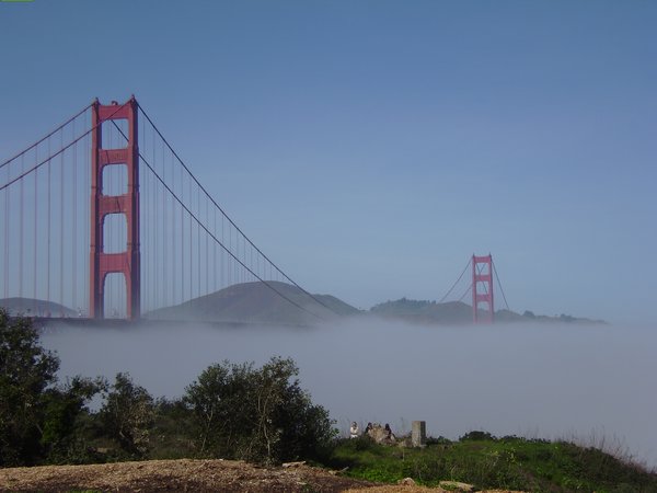 The Golden Gate Bridge clouded in sea mist