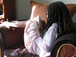 18-Maria reading my Swahili dictionary
