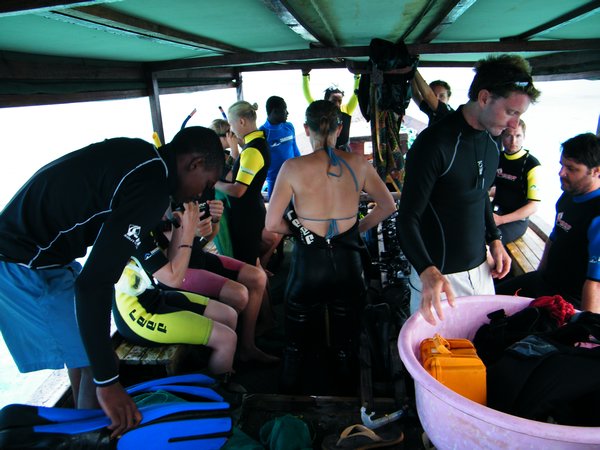 8-Snorkelers and divers getting ready