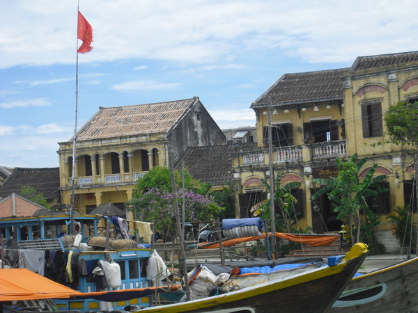 Colonial style buildings on river