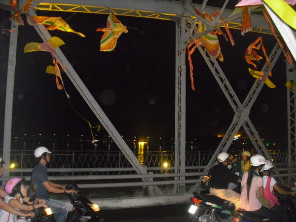 Kites on bridge for festival in Hue