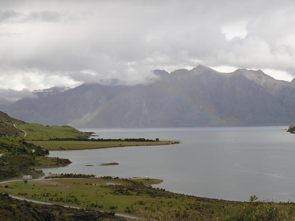 First view of Lake Hawea and a rainbow