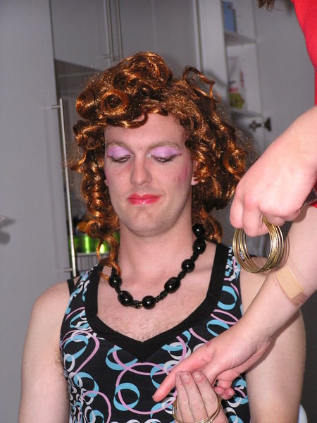 Jolly getting into his - well - his transvestite  costume