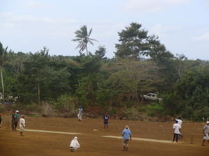 Cricket game in the mud.