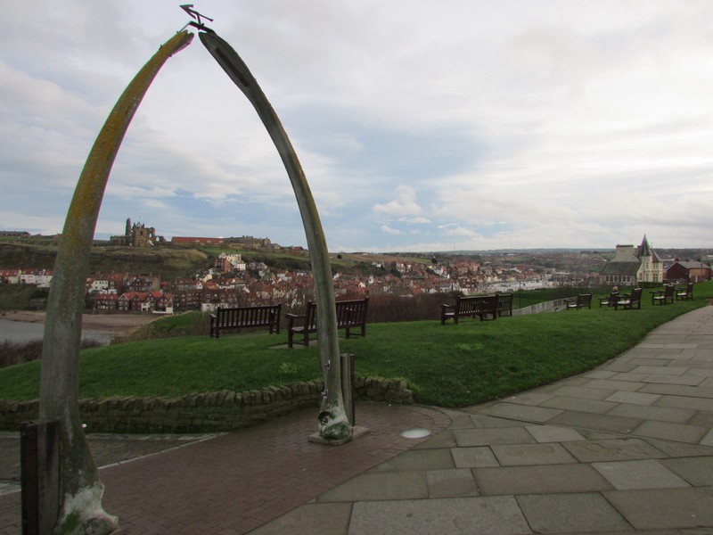 Lovely view of Whitby Abbey Ruins and Whitby town through whale bones