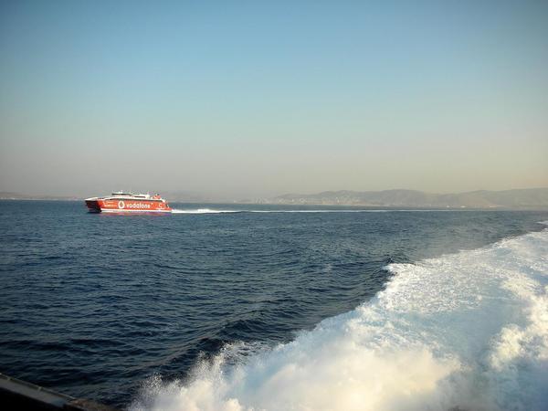 Skimming along the Agean Sea on our high speed ferry.