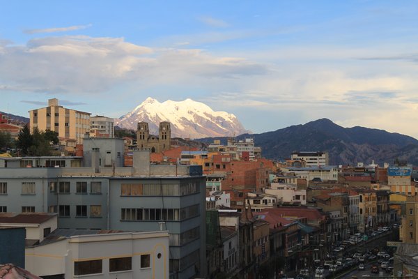Snowy mountains we can see from our hostel in La Paz