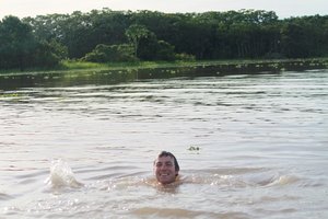 Aaron takes his first swim in the amazon