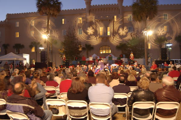 The stage and snowflakes at the tree lighting ceremony in Charleston