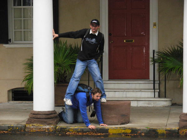 Nick using a horse step to mount Ian in Charleston