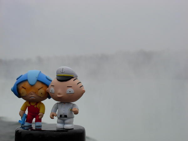 Stewies in front of a wall of water at Niagara Falls